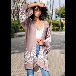 Embroidered Floral Vine Kimono (Mocha Colored)